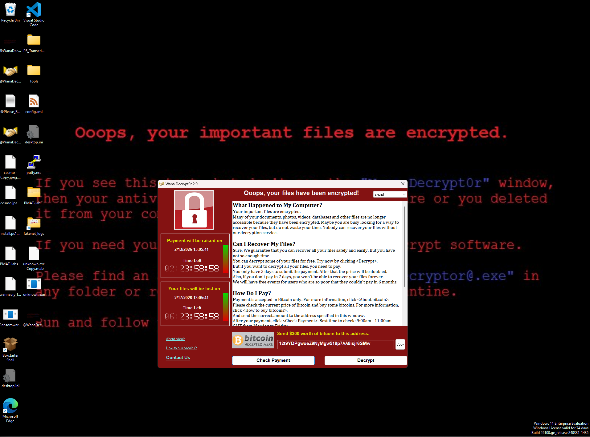 WannaCry decryptor GUI demanding ransom
