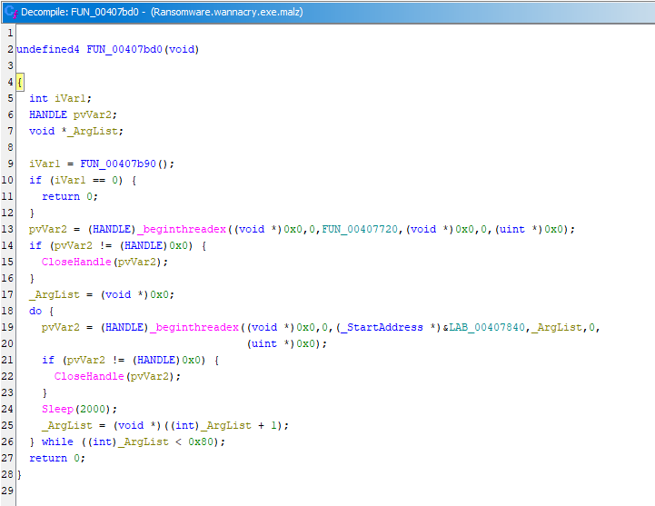 Ghidra showing thread spawner function